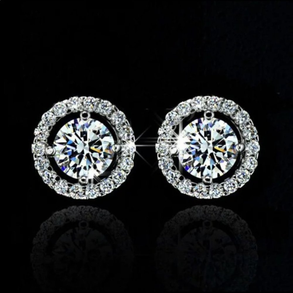 New Round Stud Diamond Sterling Silver Earrings - Picture 1 of 14